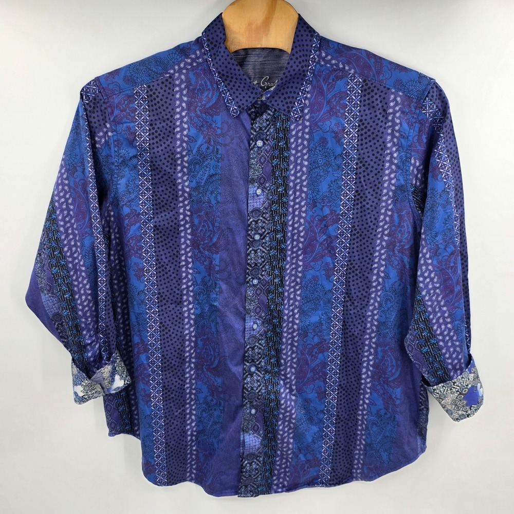 Robert Graham Mens 2XL Purple Blue Paisley Polka Dot Stripe Button Down Shirt